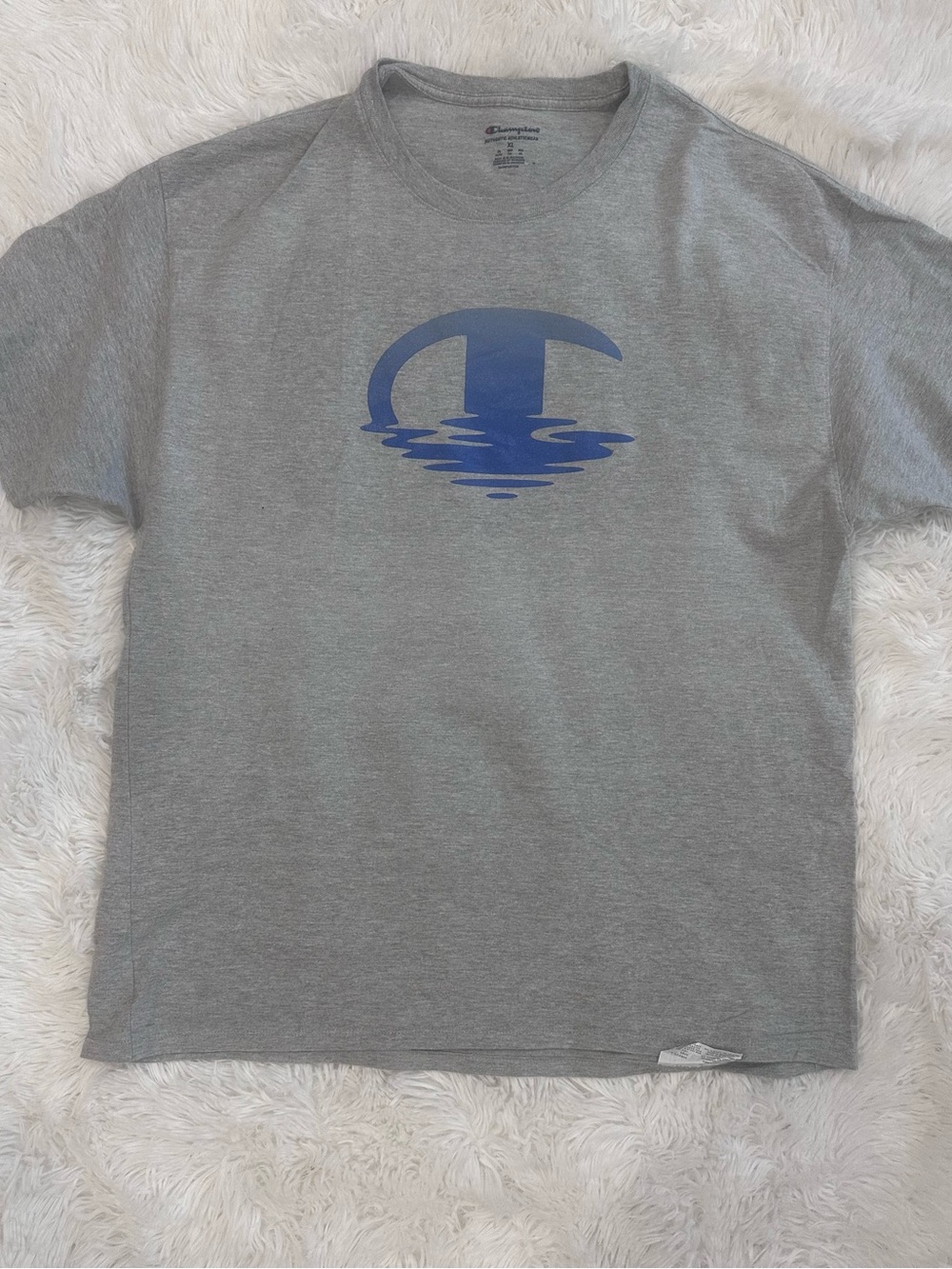 Used Men’s Champion Gray Short-Sleeve Tee with Blue Reflective Logo - Picture 1 of 6